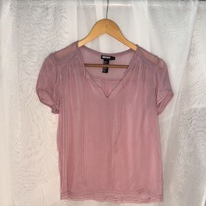 DKNY Dusty Rose Short Sleeve V-Neck Tie Blouse